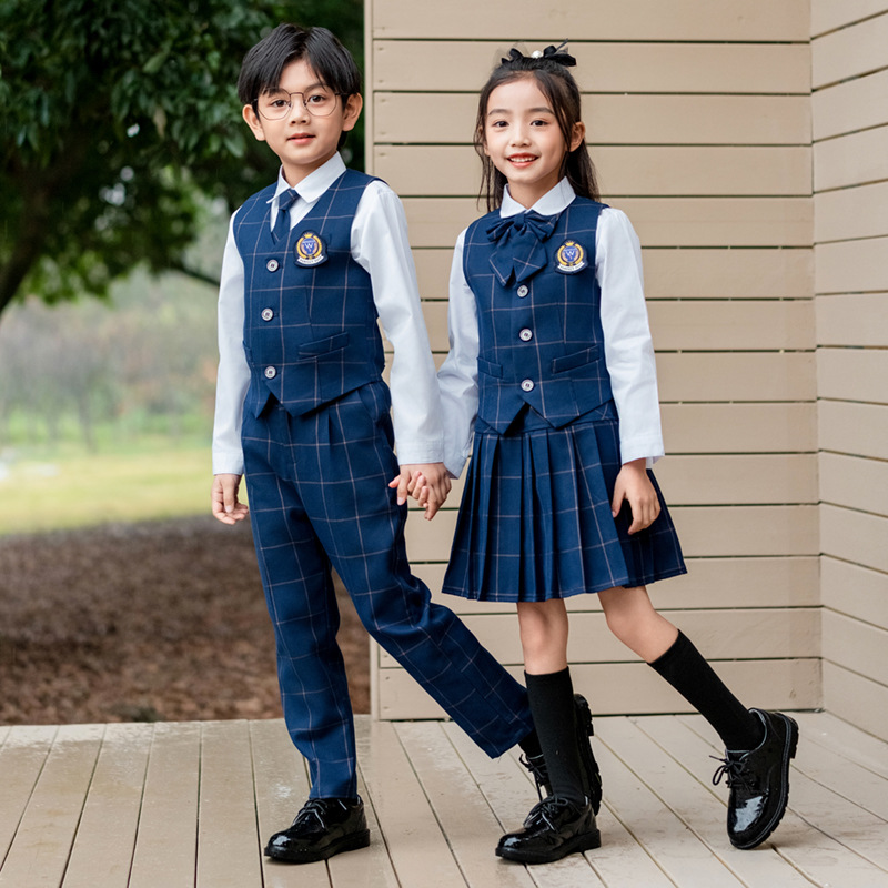 Kids Education School - 어린이 영국 격자 무늬 조끼 셔츠